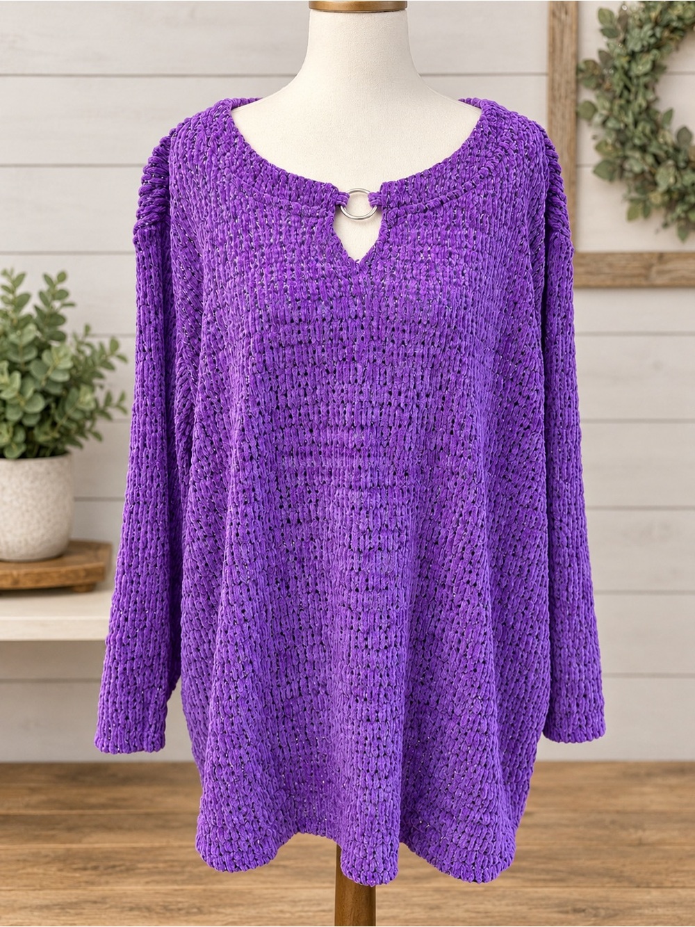 Allison Daley Purple Ring-Detail Scoop Neck Sweater